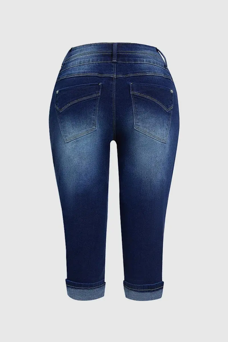 Roll Hem Double Button Mid Rise Capri Jeans