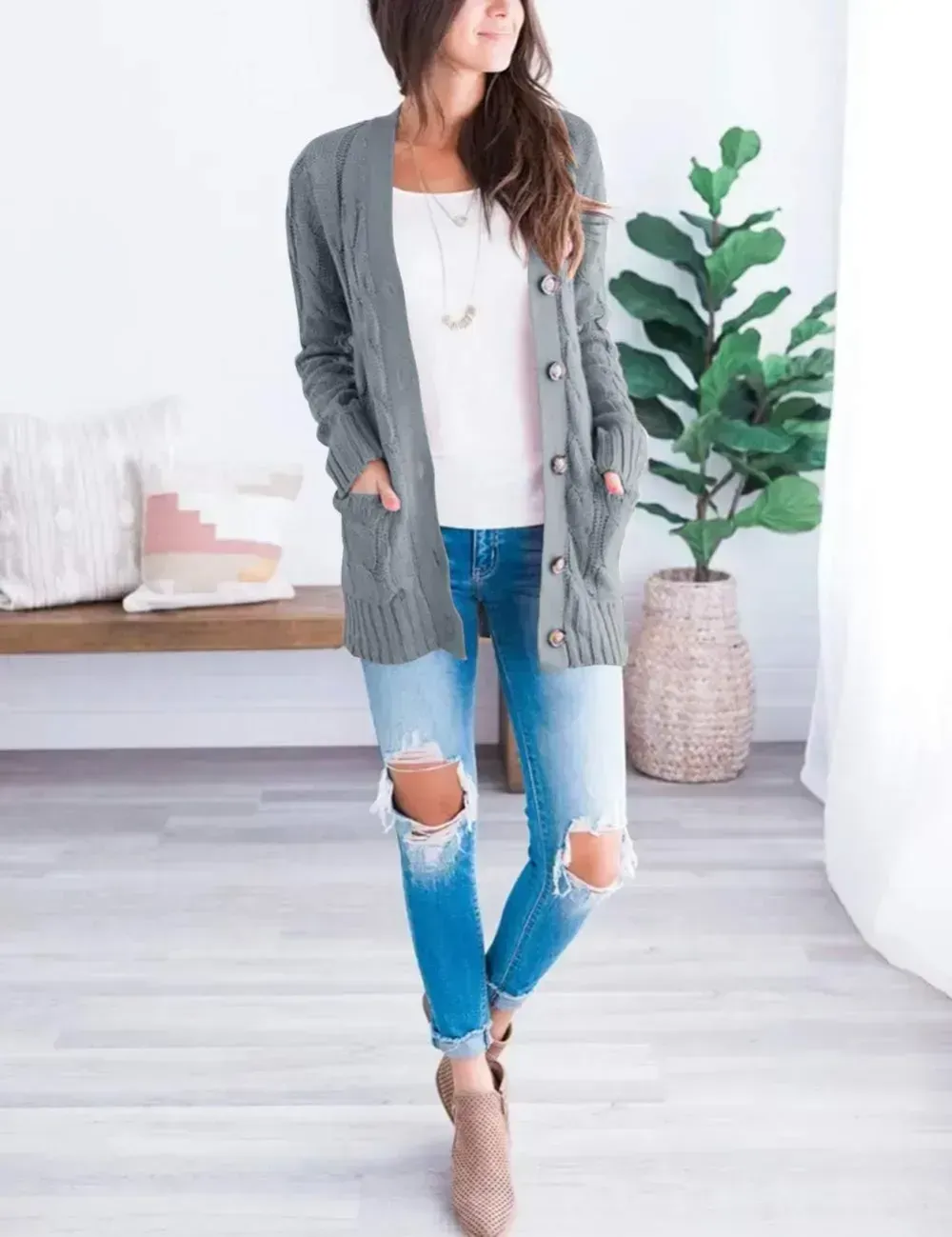 MEROKEETY Women's 2024 Fall Long Sleeve Cable Knit Sweater Open Front Cardigan Button Loose Outerwear