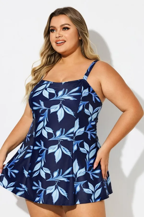 Blue Leaf Print Square Neckline Women Stylish Swimdress