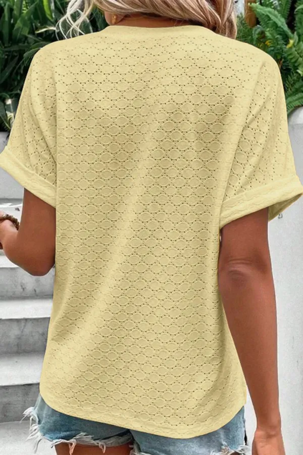 Solid Hollow Out Button Decor V Neck T-Shirt