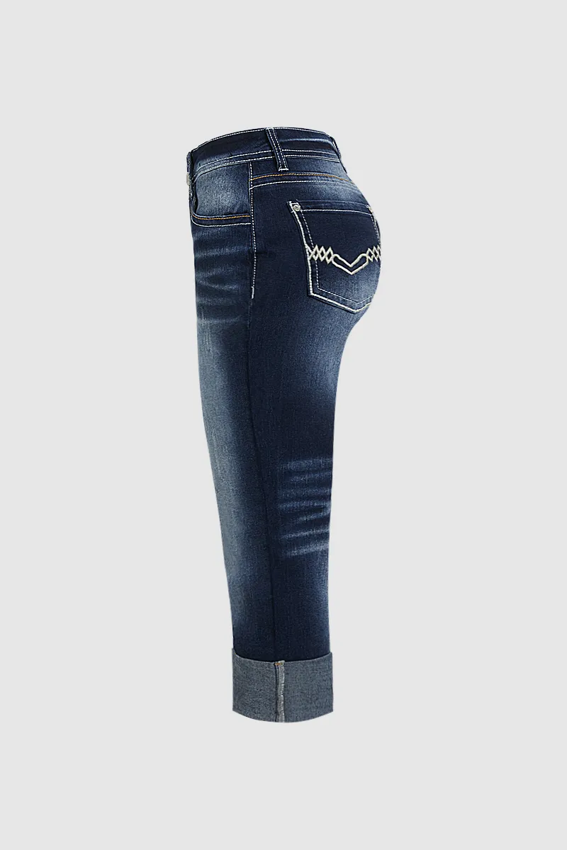 Ripped Stitch Pocket Wash Stretchy Low Waist Capri Jeans