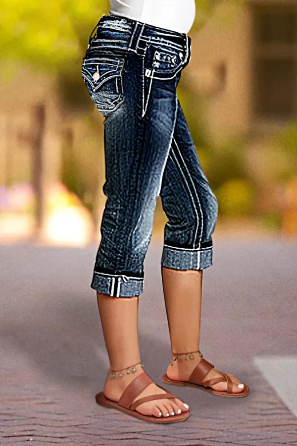 Pocket Detail Roll Hem Mid Waist Capri Jeans