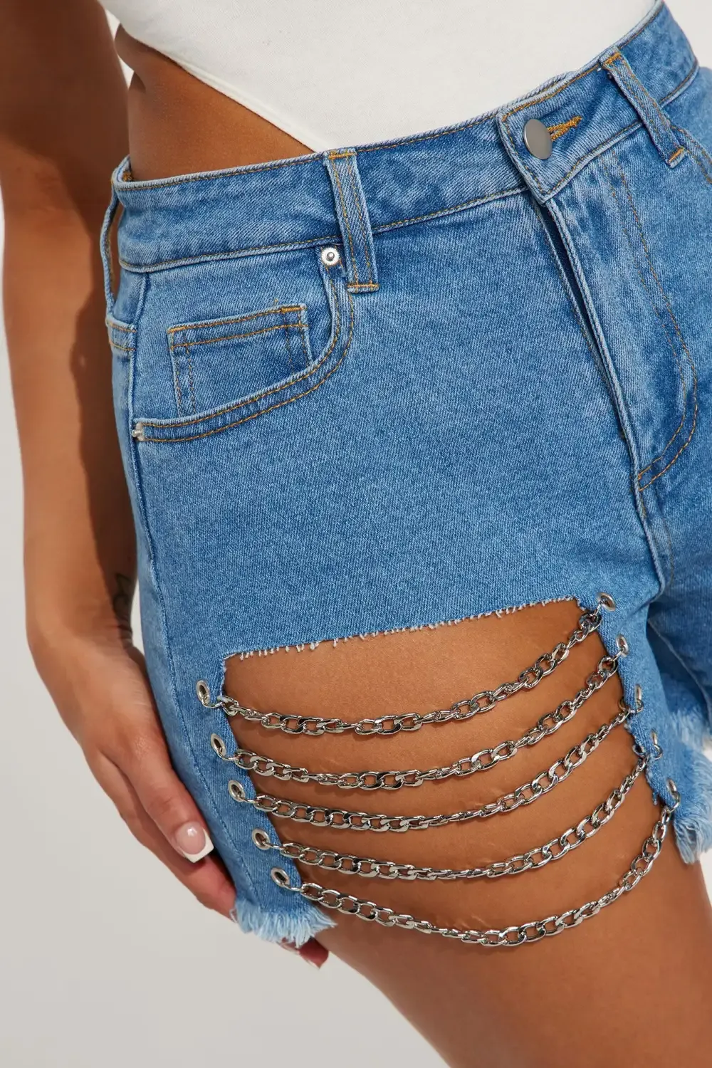 Ball And Chain Low Stretch Denim Shorts - Medium Wash