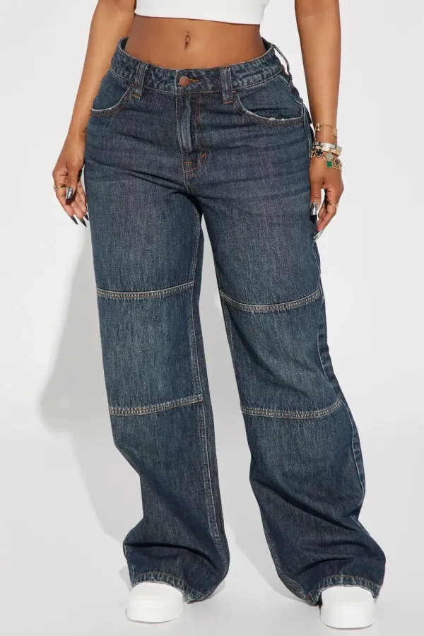 Get To It Tinted Non Stretch Wide Leg Jeans - Dark Wash