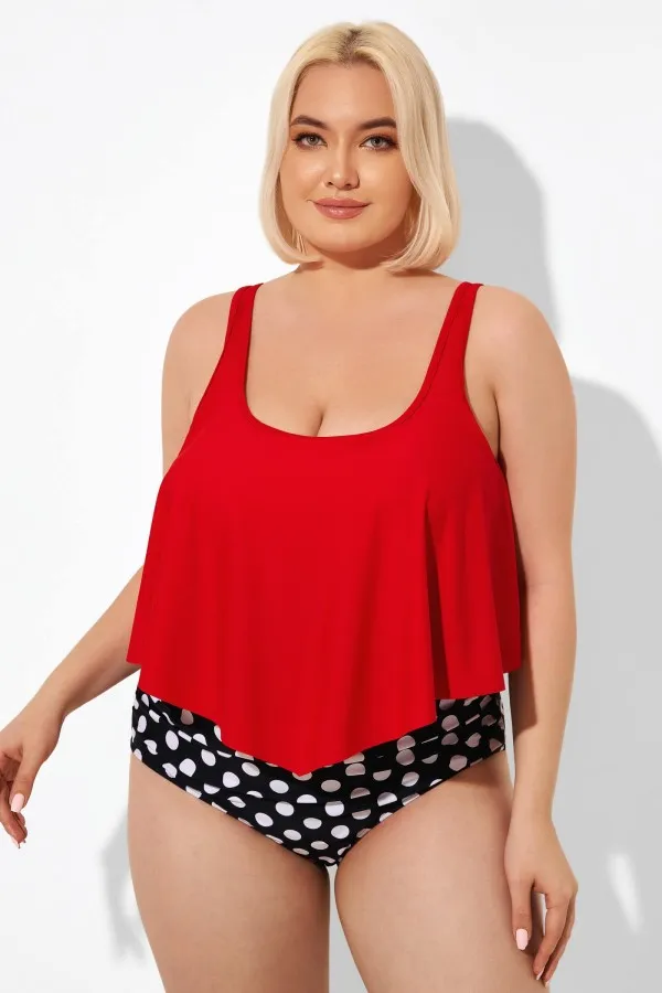 Striped Scoop Neck Ruched Flounce Blouson Tankini Top