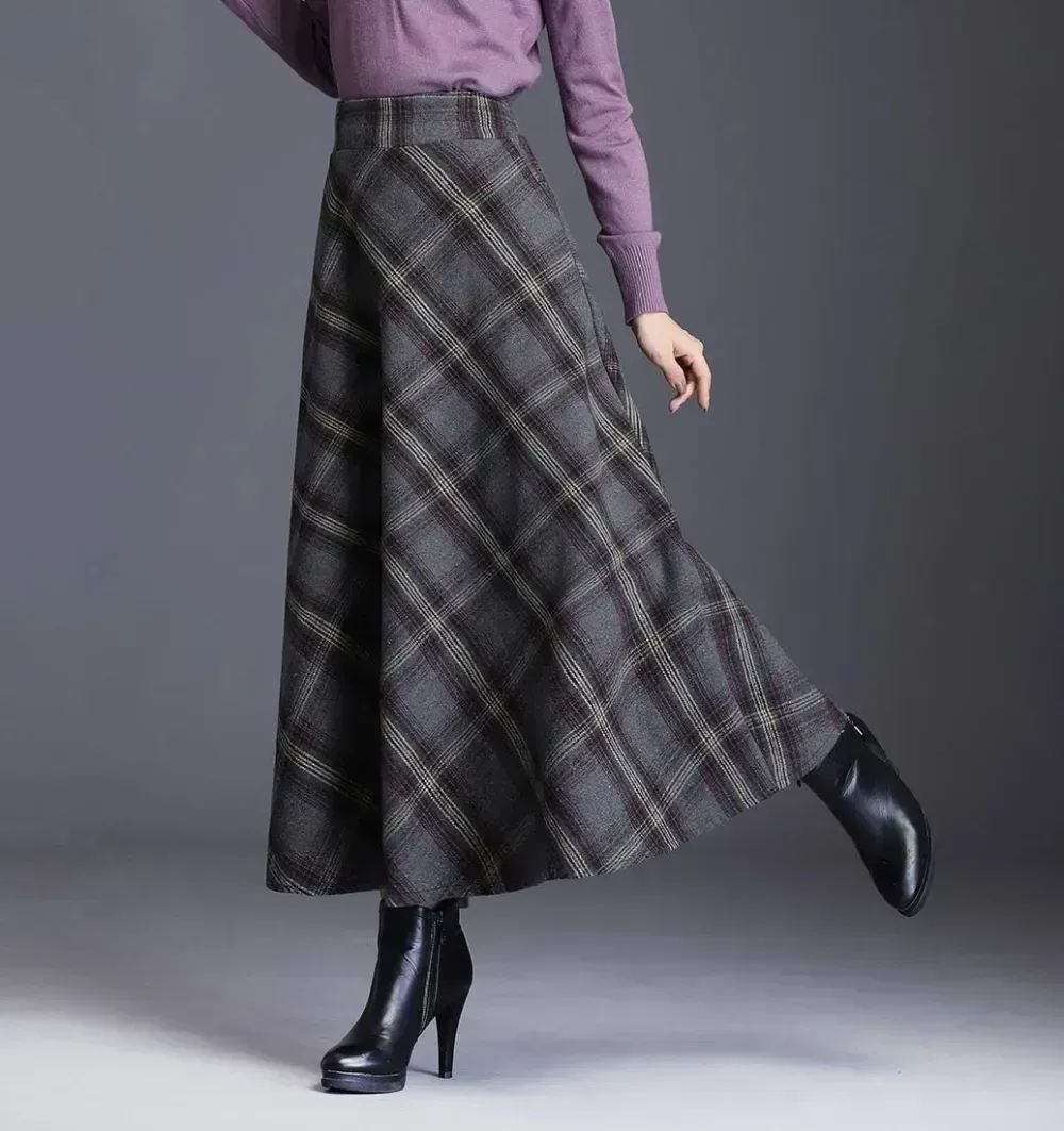 Women's Winter Elegant Warm Long Skirt Wool Maxi Skirts Elastic Waist A-Line High Waist Plaid Pleated Skirt S-3XL