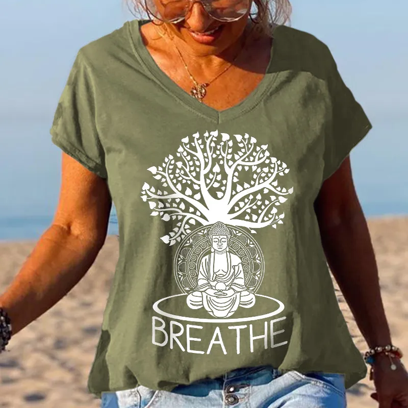 Breathe Buddha Tree Of Life Printed Graphic Tees