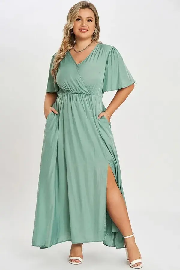 Green Flutter Sleeve Pocket Split Women Maxi Dress