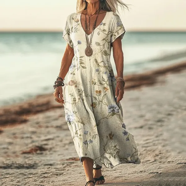 Vintage Floral Print Short Sleeved Linen Blend Midi Dress