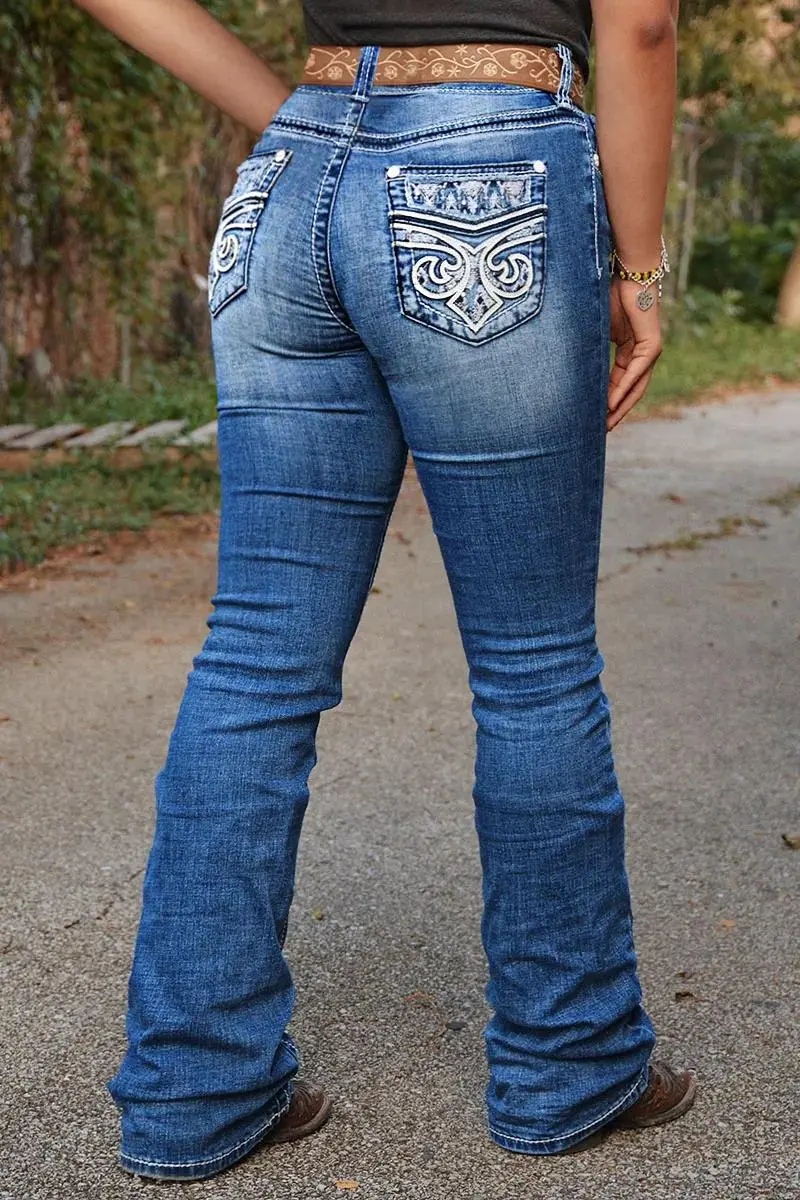 Wash Baroque Embroidery Mid Rise Bootcut Jeans Without Belt