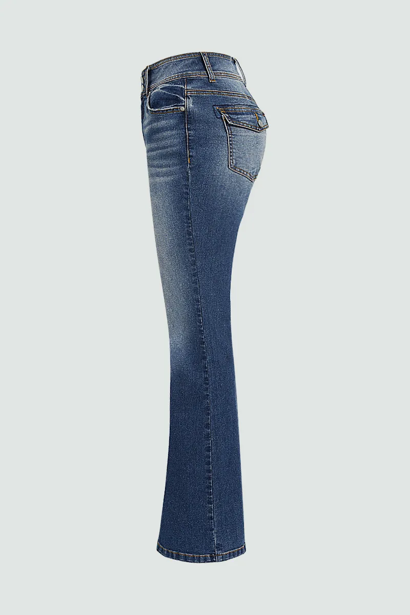 Washed Dual Button Flap Pocket Mid Waist Bootcut Jeans