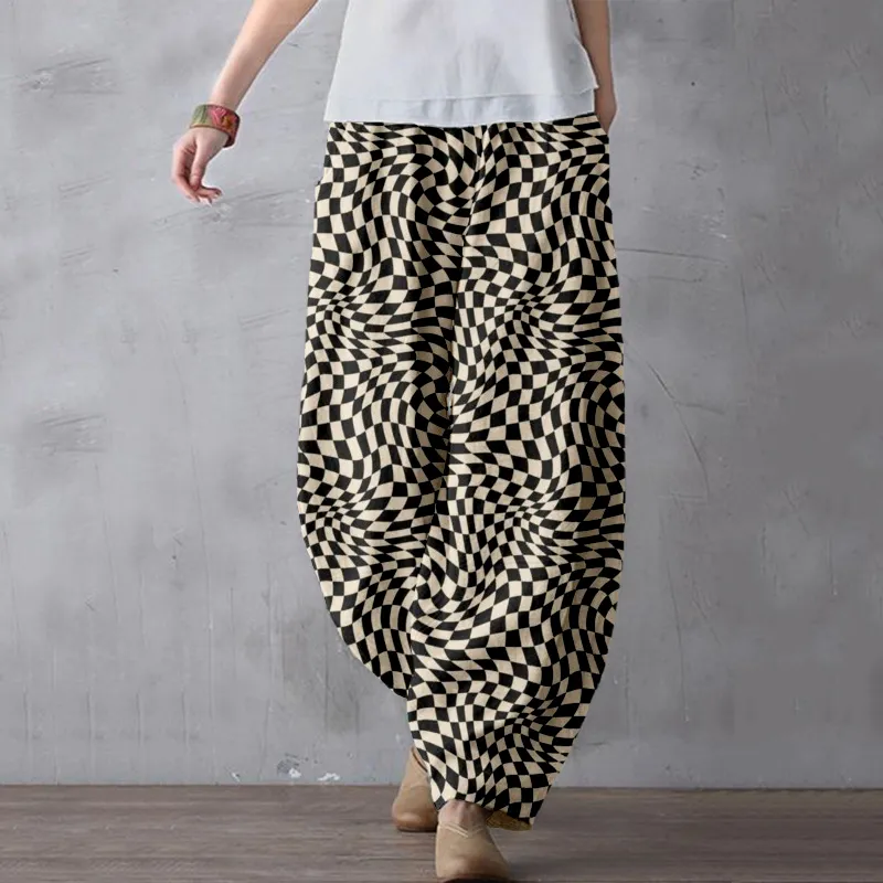 Wavy Checkerboard Pattern Linen Blend Comfy Pants