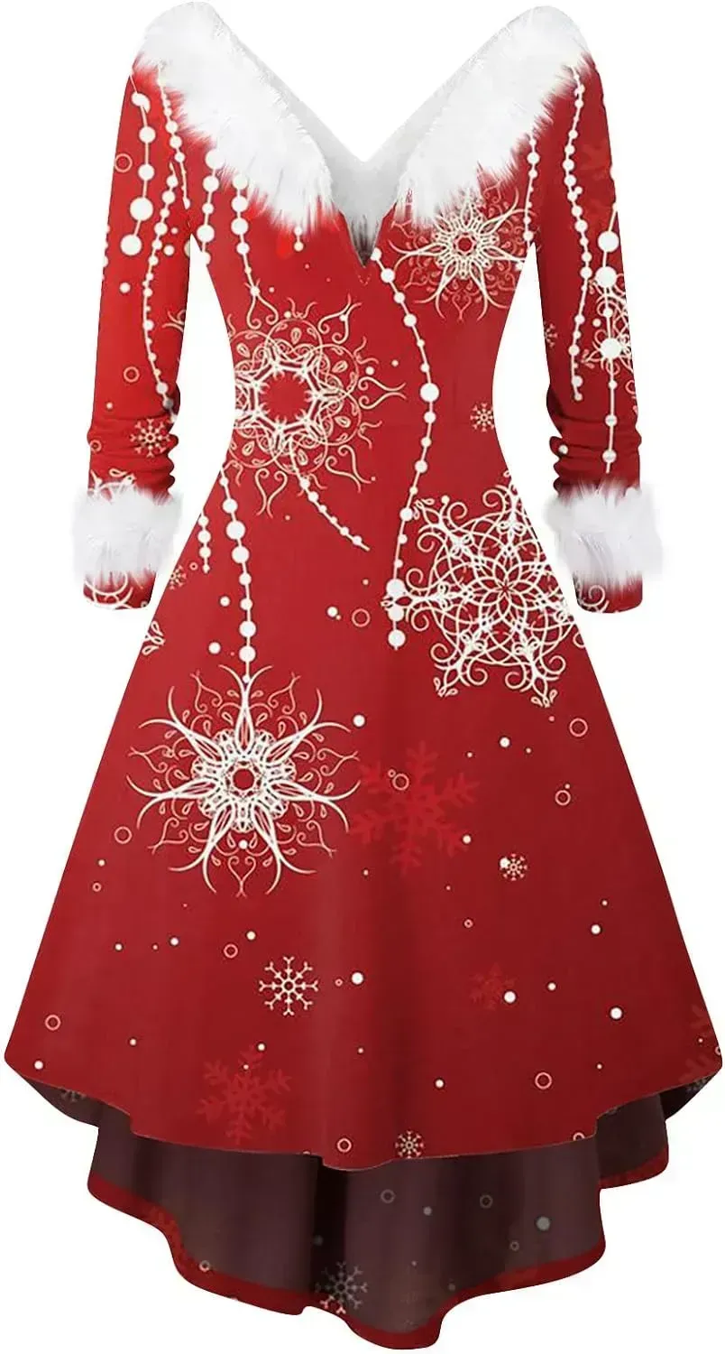 Womens Christmas Dress Fuzzy Mrs Claus Christmas Holiday Xmas Cocktail Holiday Party Flare Dress