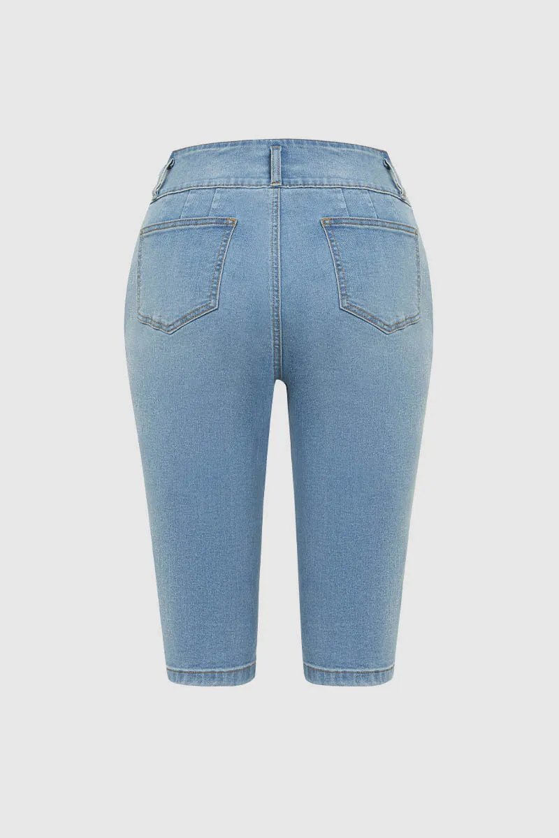 Button Fly Wash High Stretch High Waist Capri Jeans