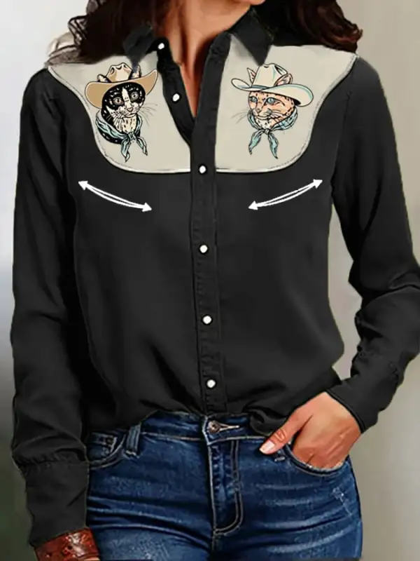 Women's Retro Western Cowcat Print Casual Shirt