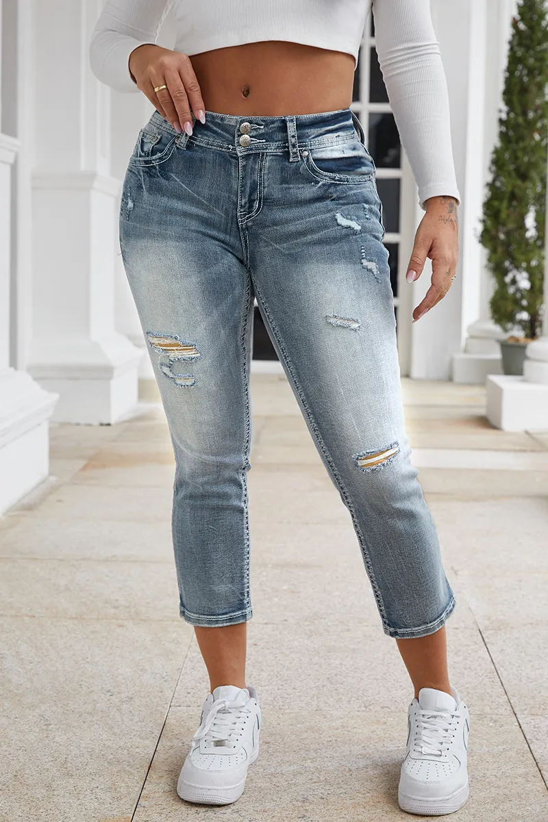 Wash Stretchy Ripped Flap Decor Low Waist Crop Jeans