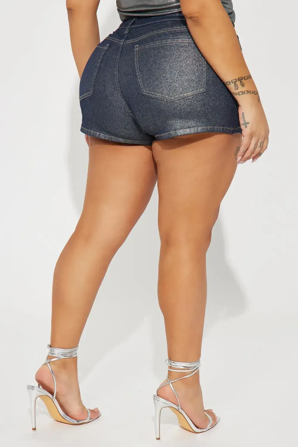 Cameras Flashing Foil Denim Shorts - Silver