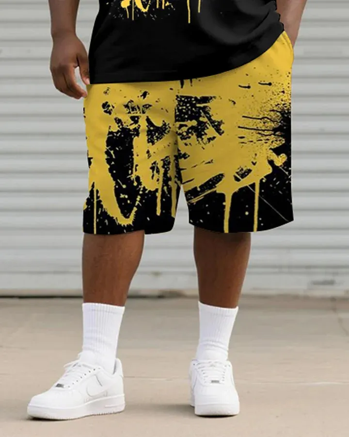 Big Tall Men'S Yellow Graffiti Teeth Print Round Neck Short Sleeve T-Shirt Shorts Suit