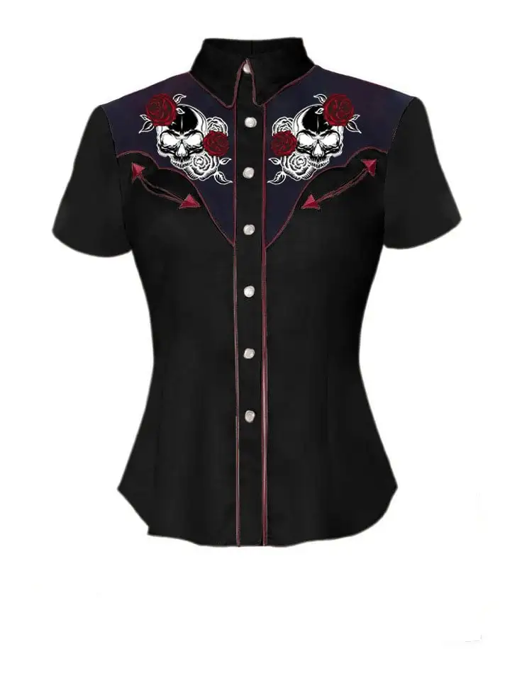 Western Vintage Floral And Skull Printed Shirt