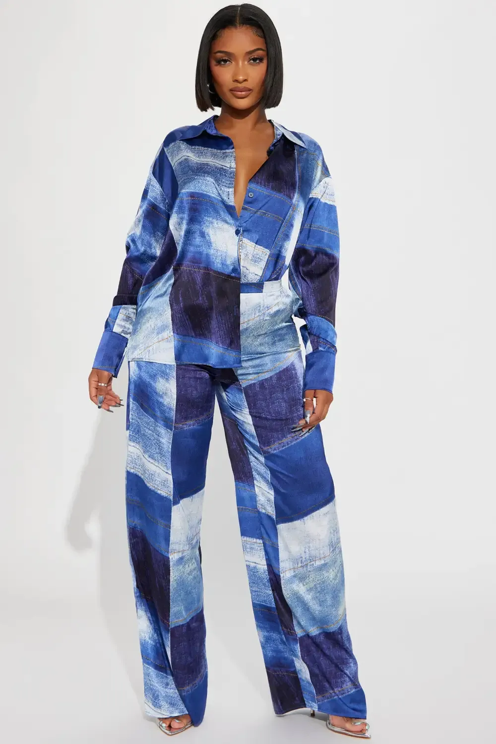 In A Denim Mood Satin Pant Set - Blue/combo