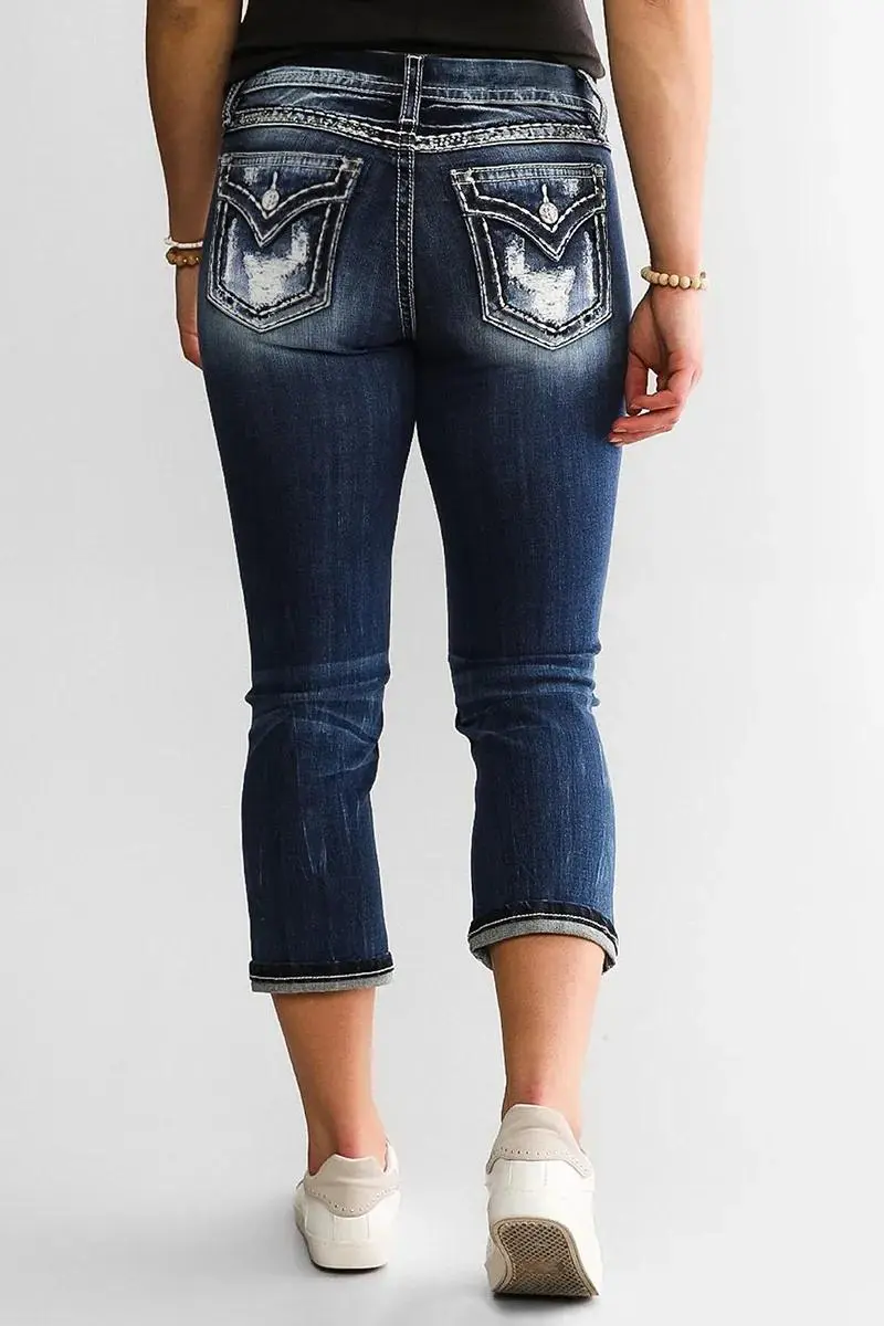 Ripped Washed Roll Hem Mid Waist Cropped Jeans
