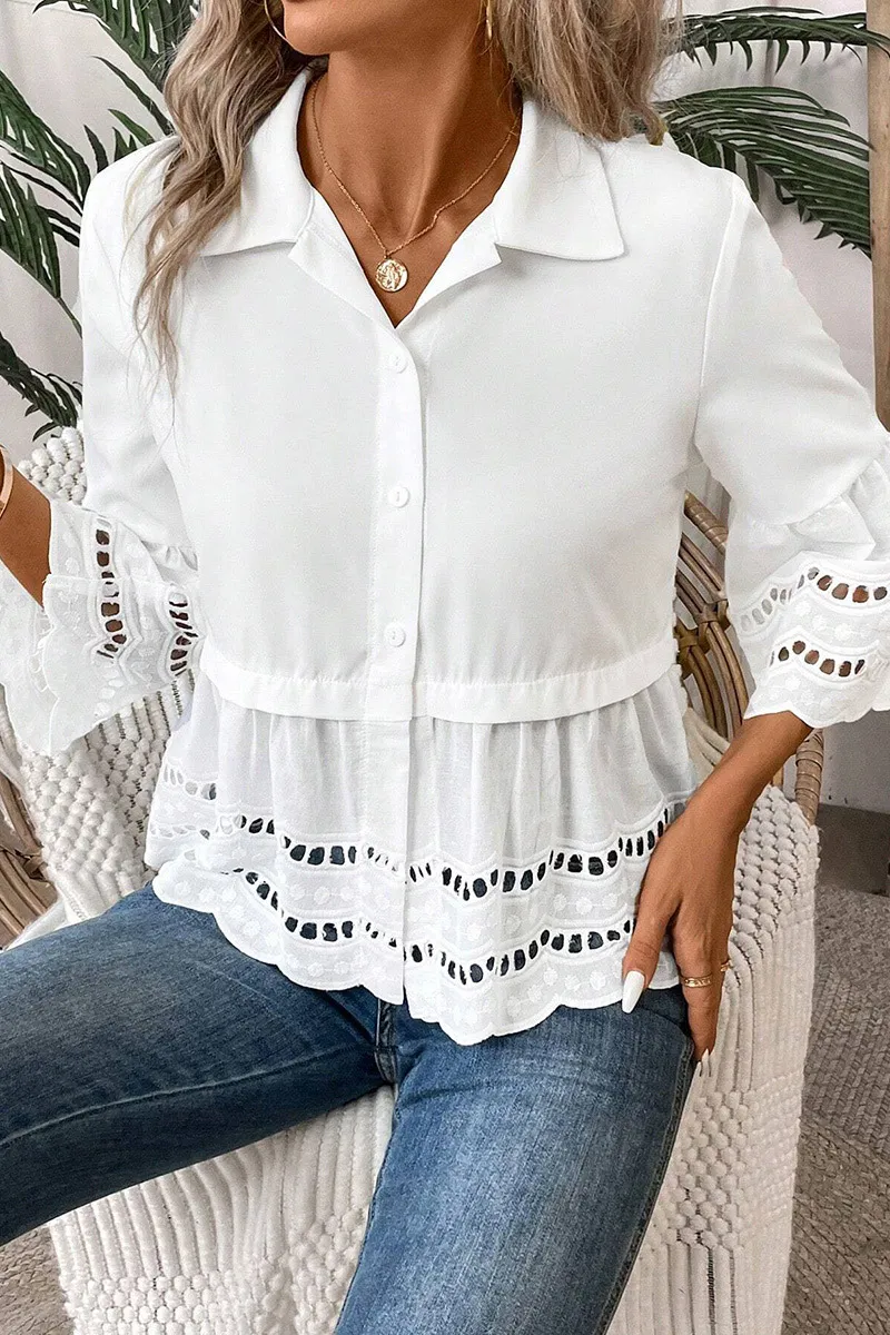 Solid Eyelet Embroidery Scallop Trim Bell Sleeve Shirt