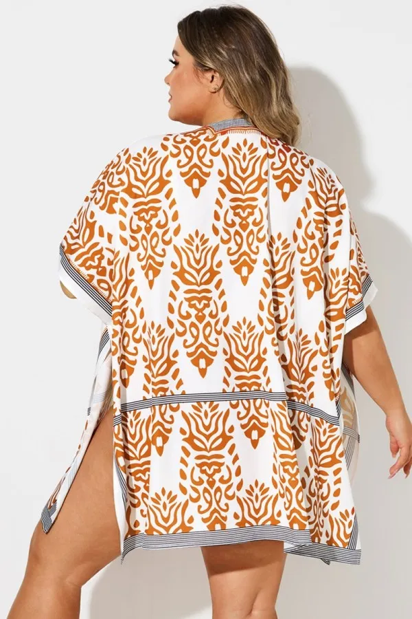 Loose Orange Print Batwing Sleeve Cover Up