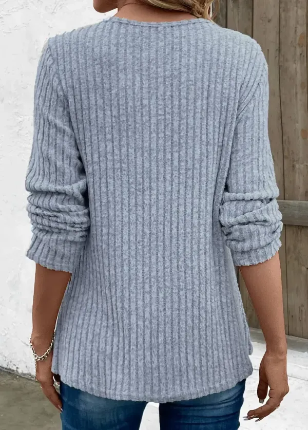 Dusty Blue Split Long Sleeve Round Neck T Shirt