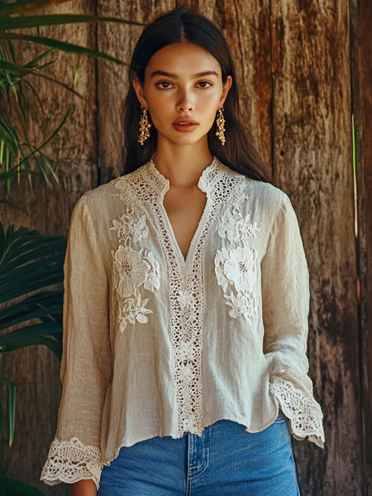 Women's Retro Floral Lace Embroidery Art V-neck Shirt