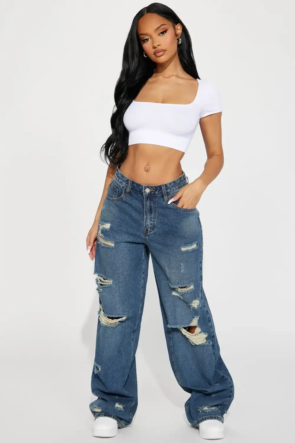 No Regrets Ripped Baggy Wide Leg Jean - Medium Wash