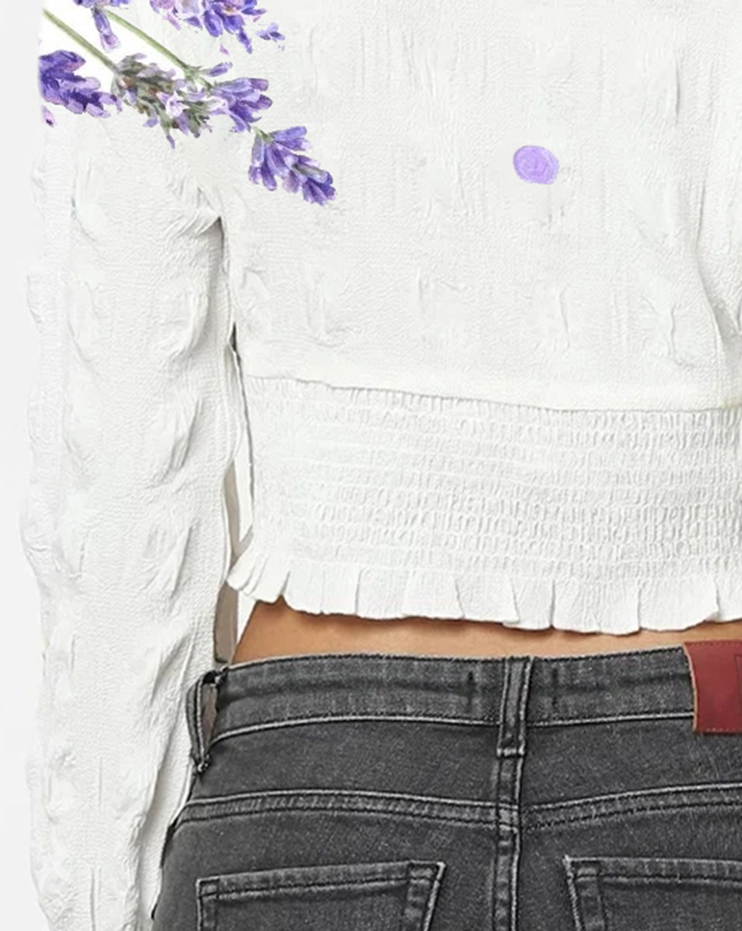 White Lavender Print V Neck Cropped Blouse