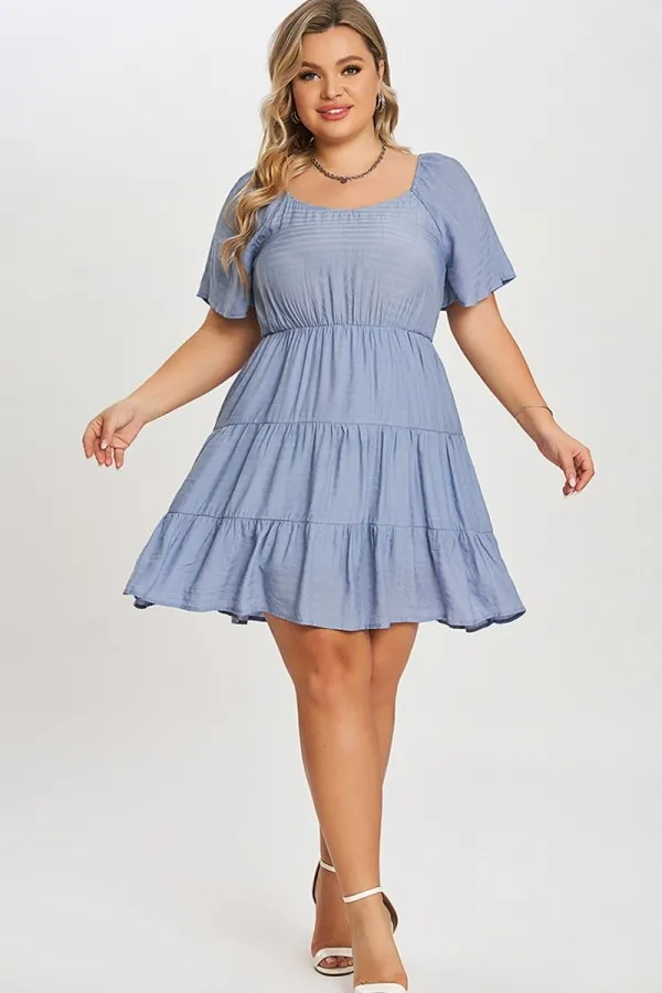 Denim Color Tiered Style Ruffle Sleeves Party Dress