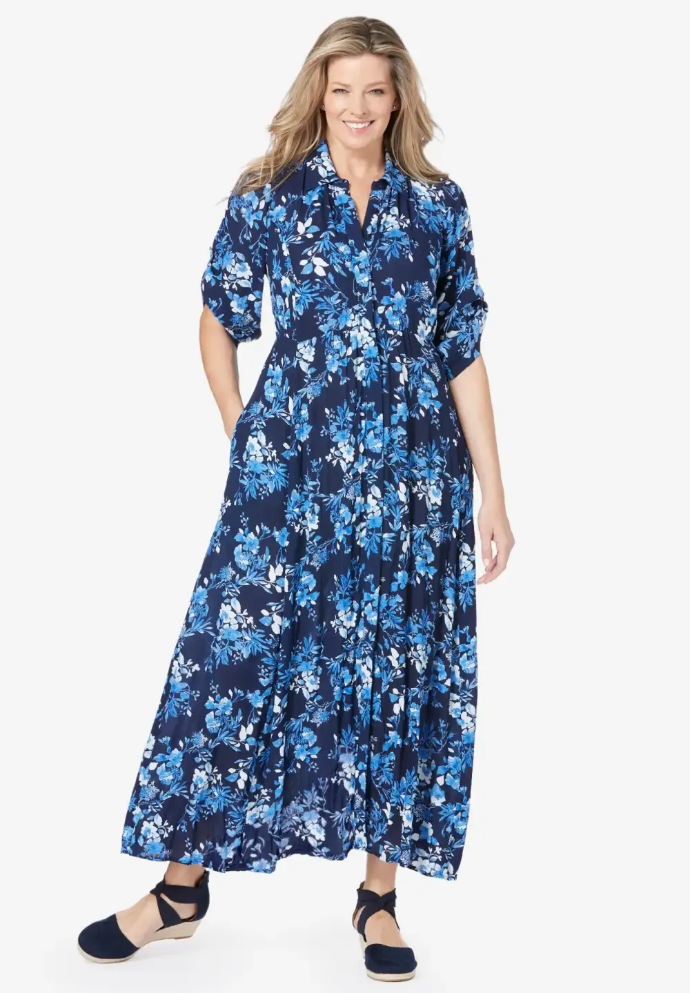 Roll-Tab Sleeve Crinkle Shirtdress