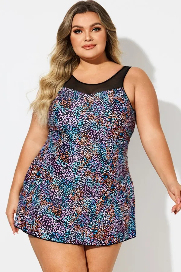 Multi Abstract Print Mesh High Neck Swimdress