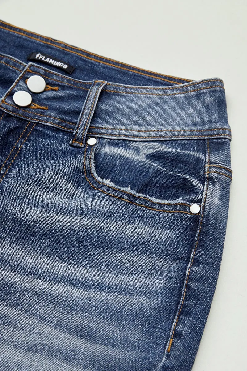 Washed Dual Button Flap Pocket Mid Waist Bootcut Jeans