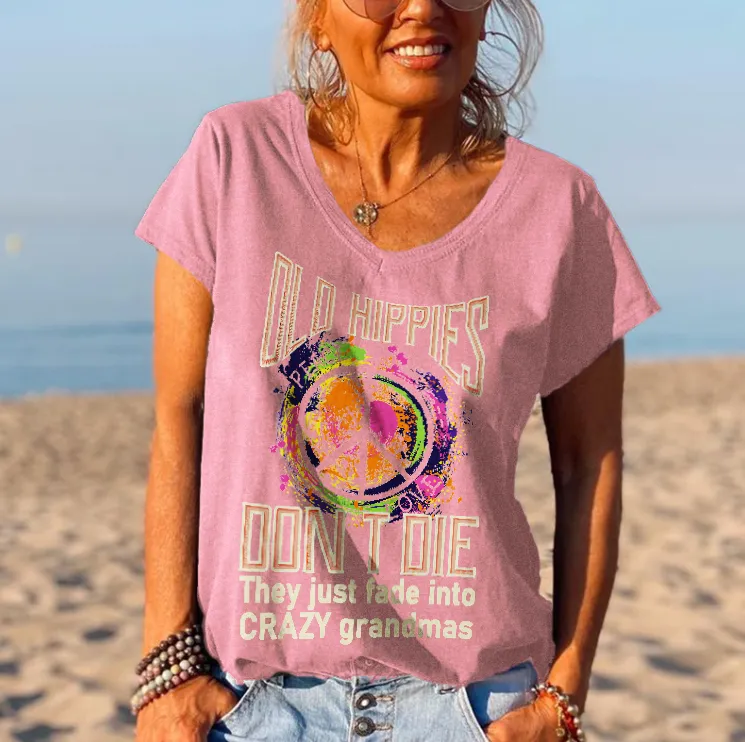 V-neck Old Hippies Don't Die Printed Graphic Tees