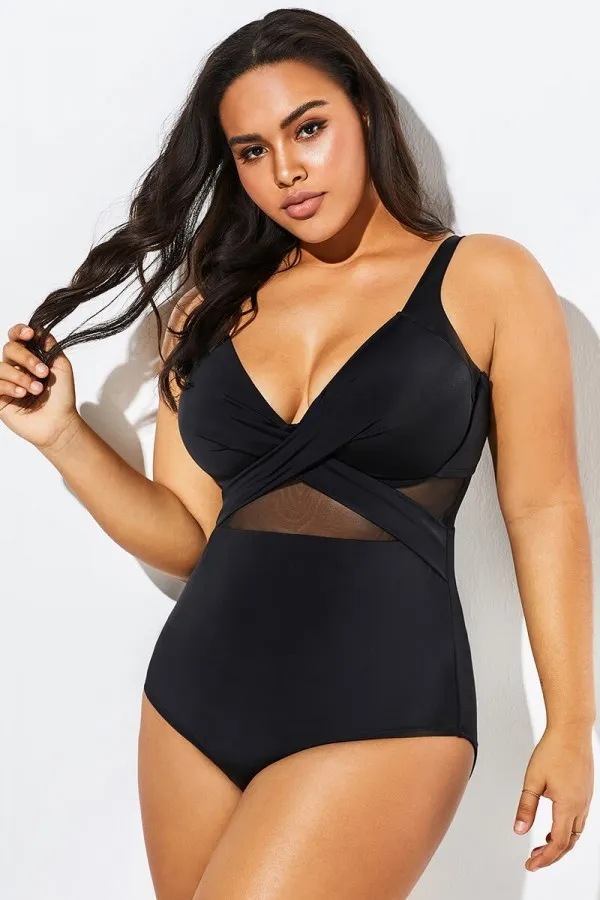 Black Cut Out Mesh Underwire One Piece Swimsuit