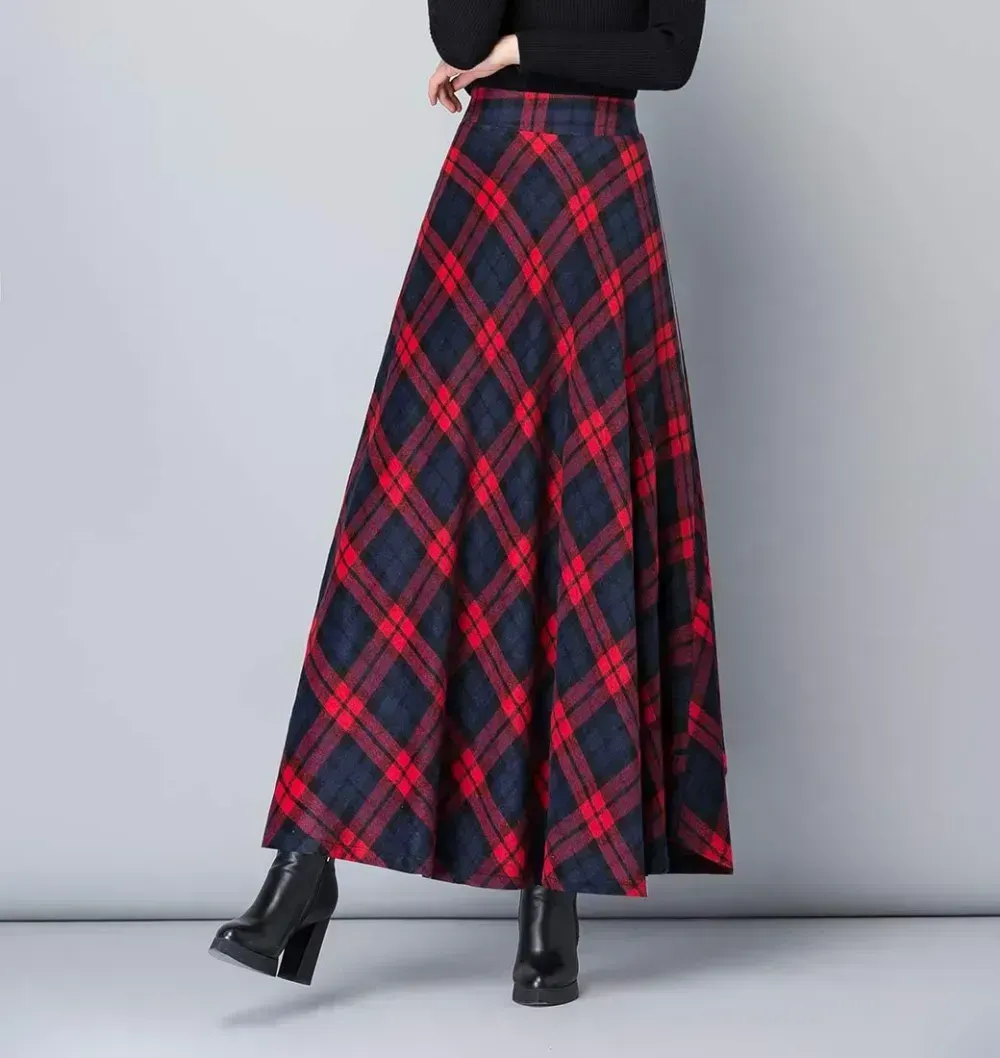 Women's Winter Elegant Warm Long Skirt Wool Maxi Skirts Elastic Waist A-Line High Waist Plaid Pleated Skirt S-3XL