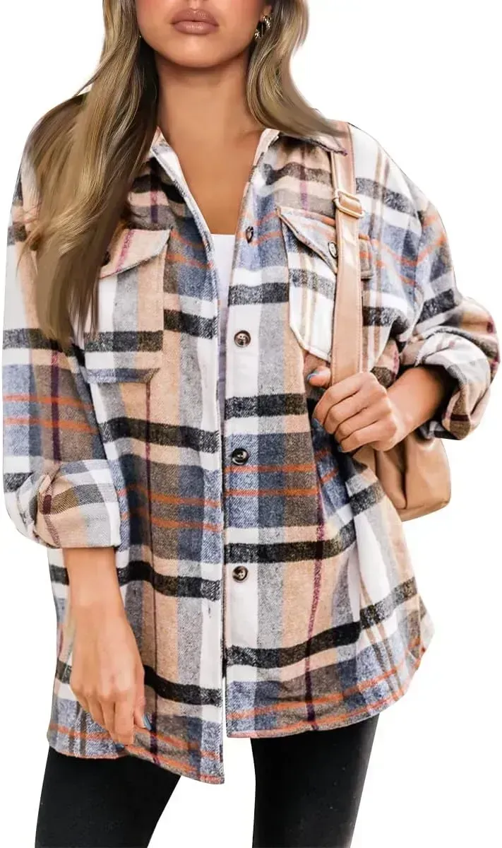 Womens Casual Plaid Shacket Button Down Long Sleeve Shirt