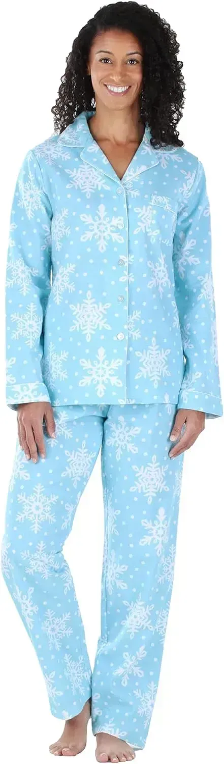 Women's Cotton Flannel Long Sleeve Button-Down Pajamas PJ Set