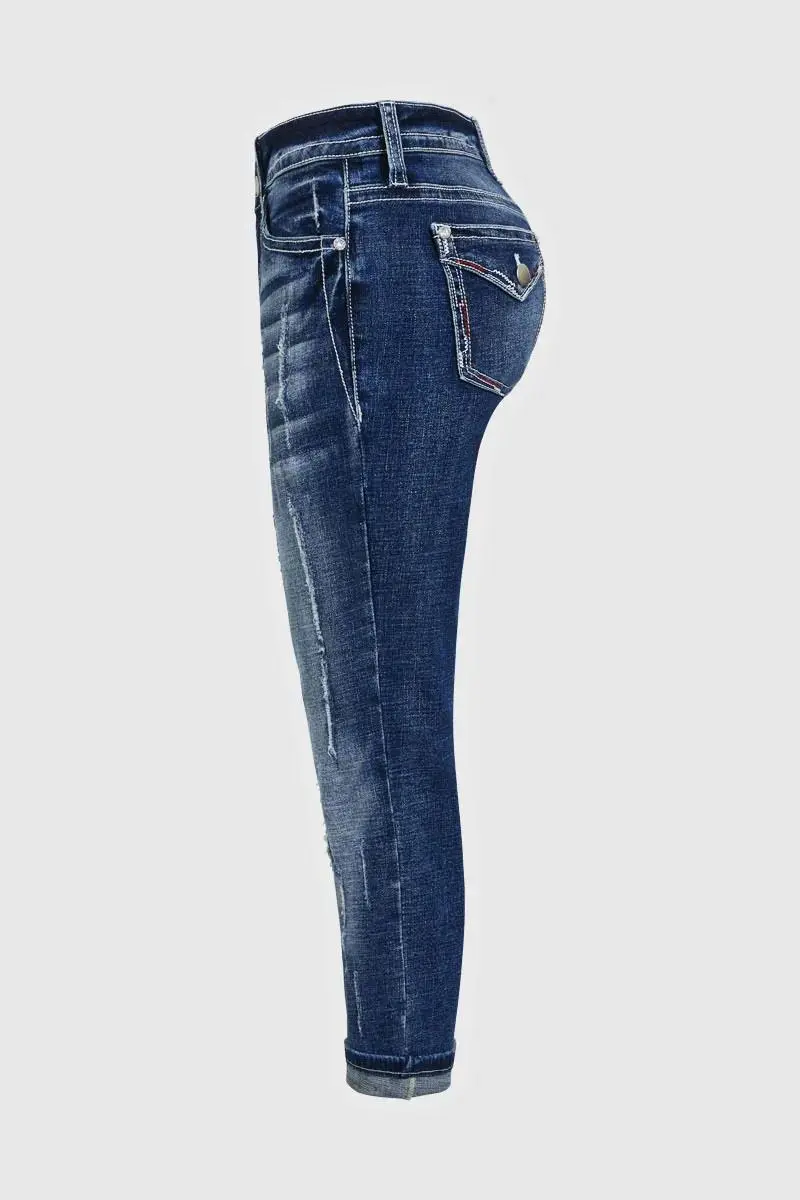 Wash Ripped Roll Hem Mid Waist Straight Leg Capri Jeans
