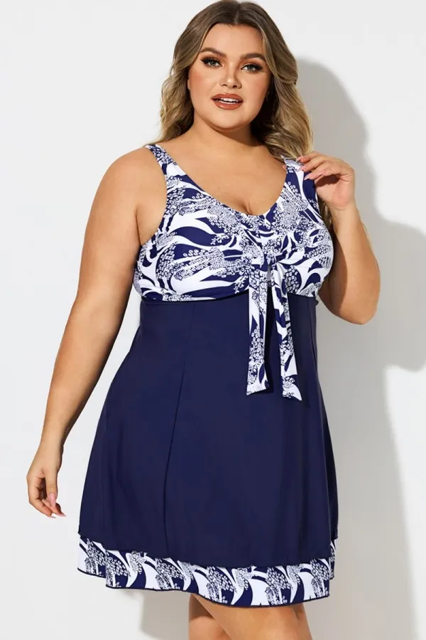 Blue & White V-Neck Floral Print Tie Front Swimdress