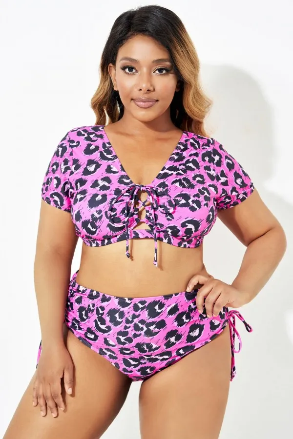Sexy Pink Leopard Print Lace Up Bikini Top