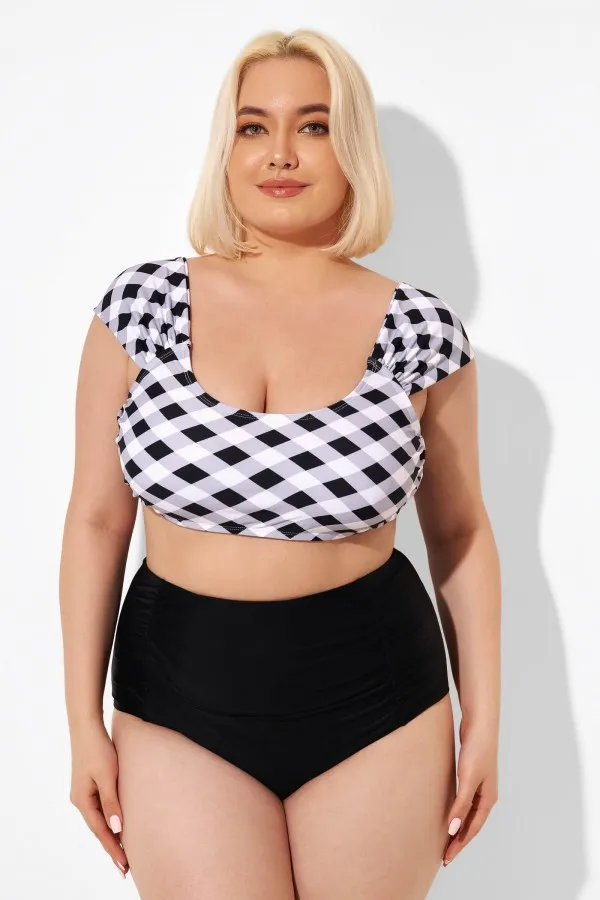Black & White Gingham Bikini Top with Sleeves