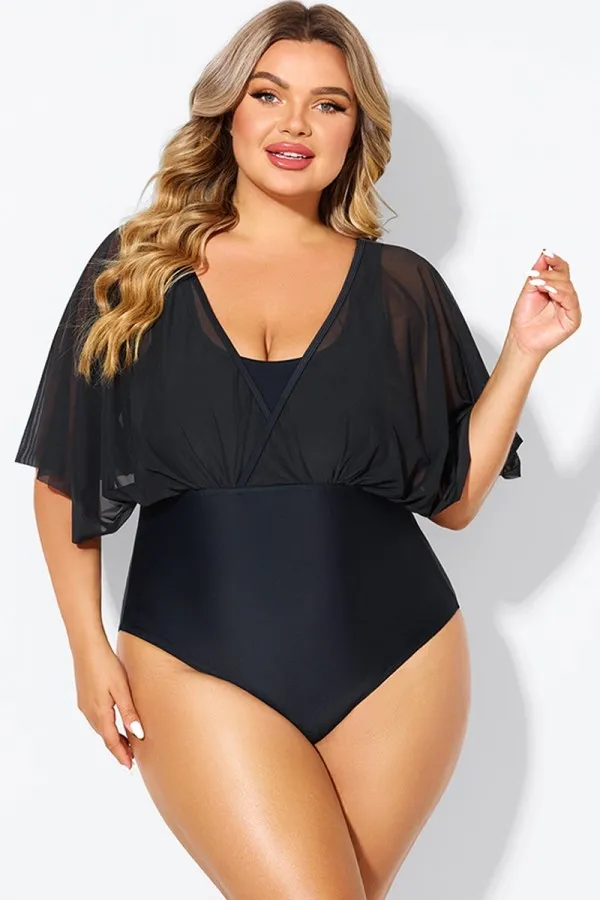 Solid Black Mesh Patchwork One Piece Swimsuit