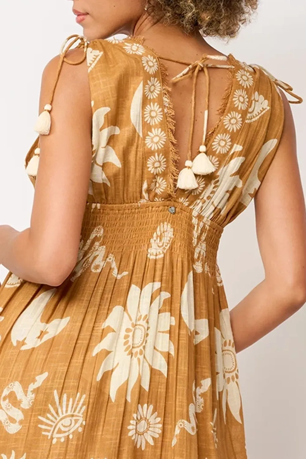 Tan Daisy Print One Shoulder Maxi Dress