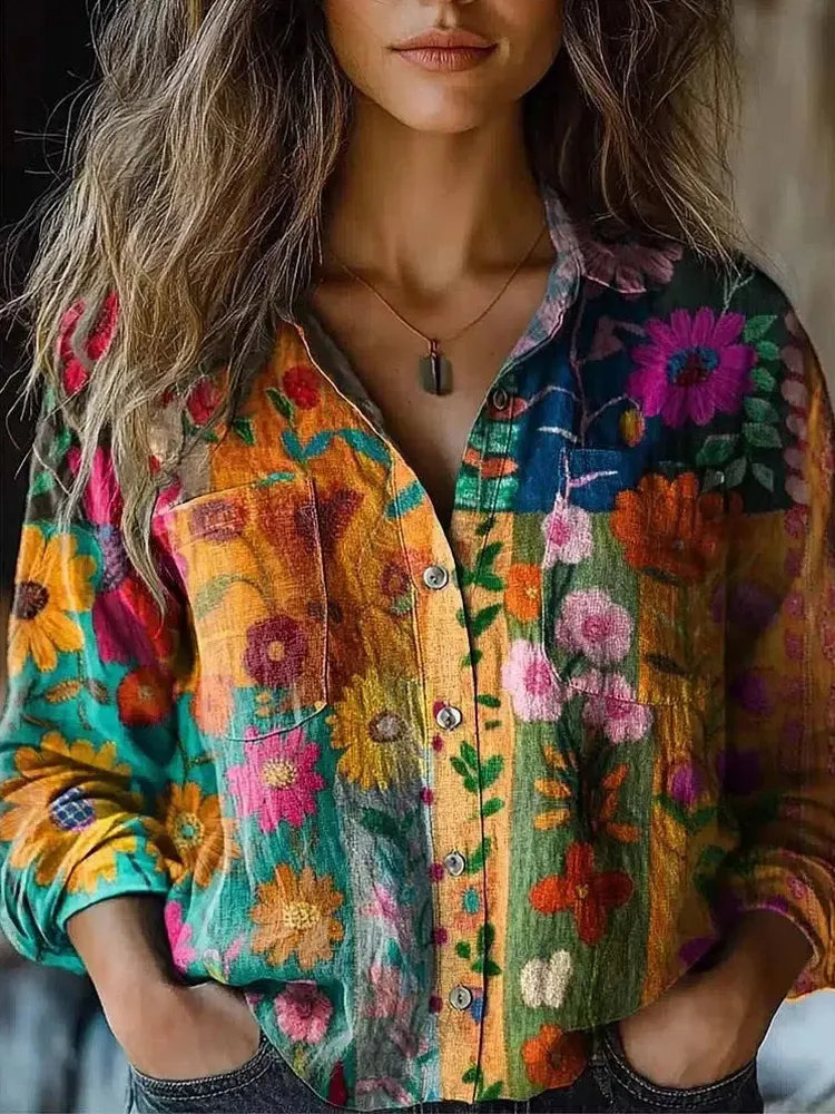 Vintage Floral Print Women's Linen Blouse