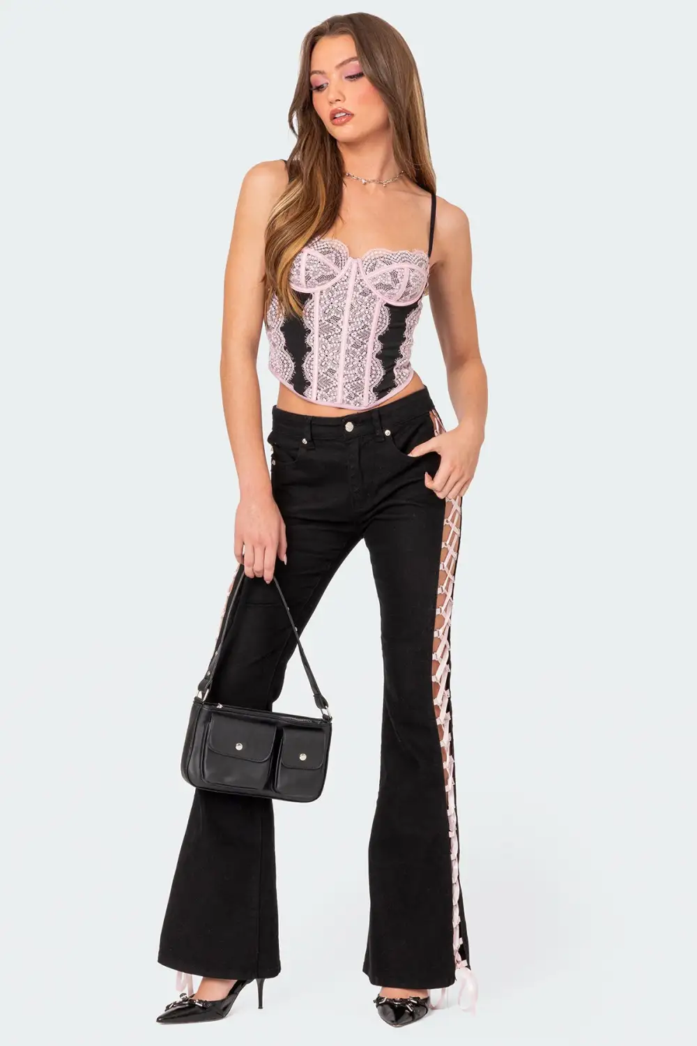 Satin Lace Up Flared Jeans