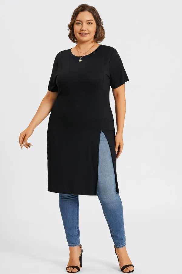 Black Crew Neck Split Front Long Tunic