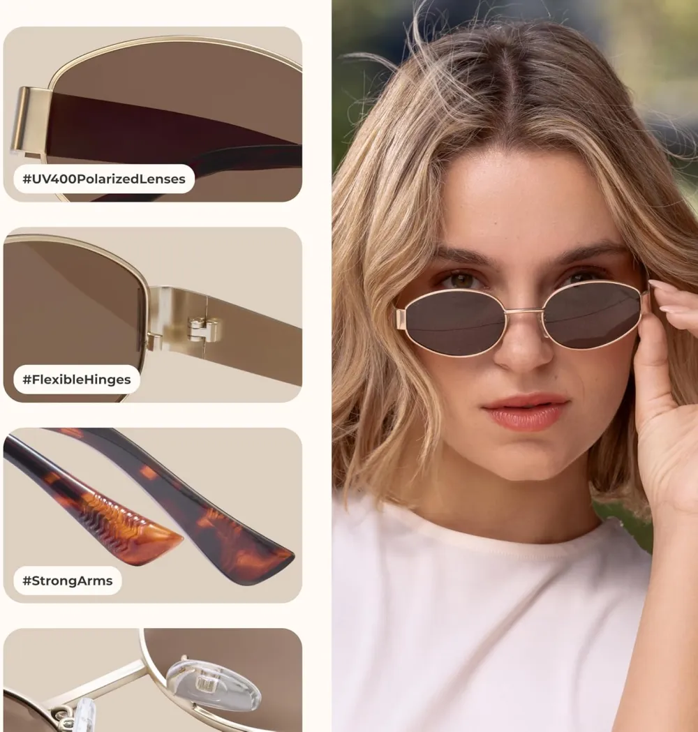 livho 2025 Trendy Oval Sunglasses - Stylish Polarized Shades for Everyday - Retro Metal Frames, Gold/Silver/Black